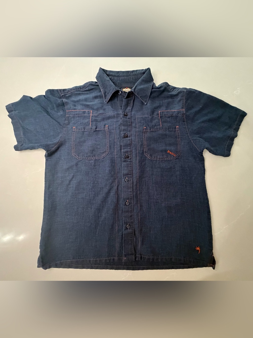KAVU Mens Short Sleeve Utility Button Up Shirt Navy Blue Orange Stitch Large